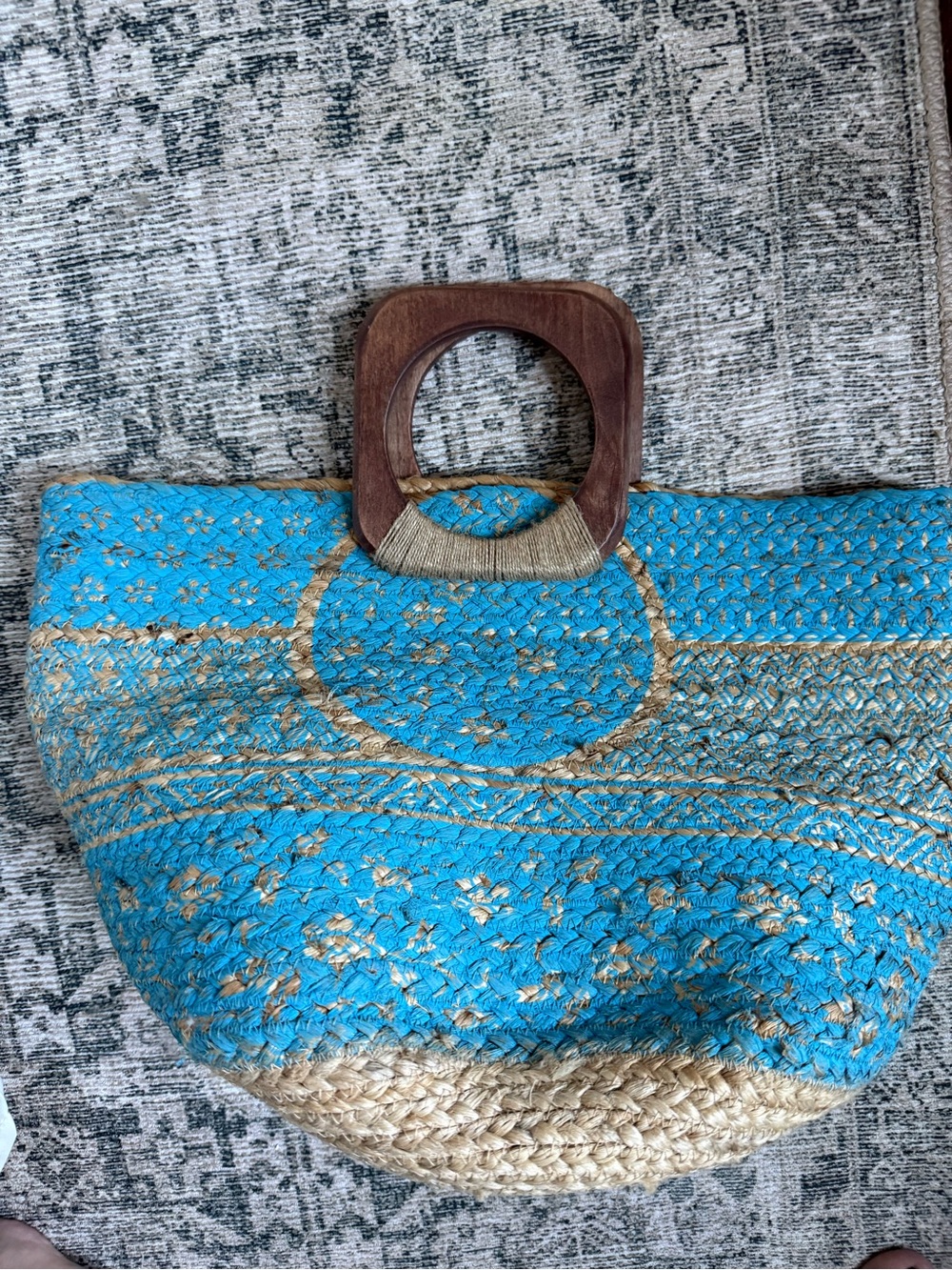 Handwoven Blue and Natural Straw Tote with Wooden Handles
